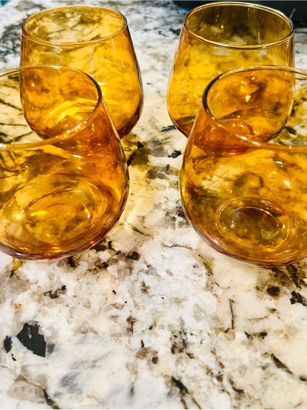 Vintage, 70’s Amber Curved Stemless Glasses - Set of 4